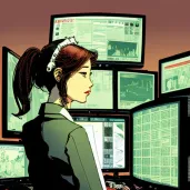 Illustration of a businesswoman checking stock market data on multiple screens - Image 3