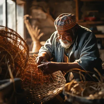 Artisan engaged in basket weaving in a rustic workshop - Image 3