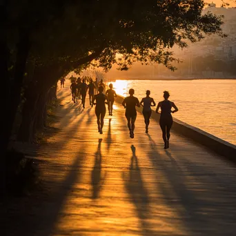 Diverse individuals jogging along a waterfront path at sunset. - Image 1