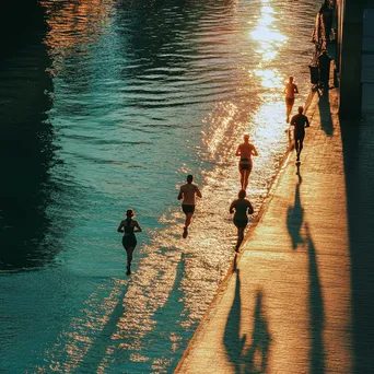 Diverse individuals jogging along a waterfront path at sunset. - Image 3