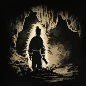 Man standing at mouth of cave with torch - Image 1