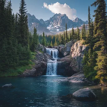 Peaceful mountain waterfall entering a clear pool surrounded by trees - Image 1