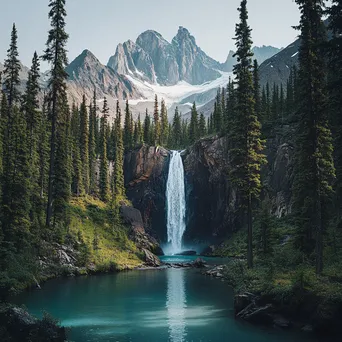 Peaceful mountain waterfall entering a clear pool surrounded by trees - Image 4