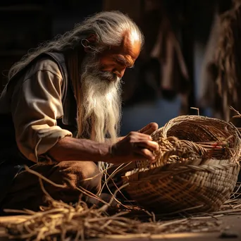 Artisan holding a finished basket with weaving tools in background - Image 1