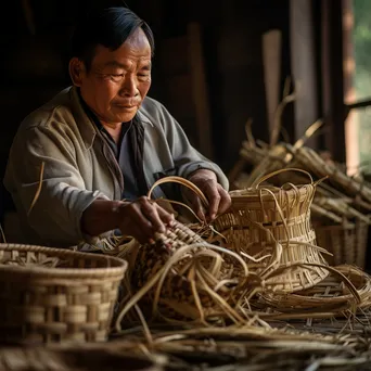 Artisan holding a finished basket with weaving tools in background - Image 2