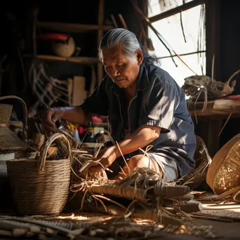 Artisan holding a finished basket with weaving tools in background - Image 4