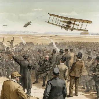 First airplane flight by Wright brothers with cheering crowd - Image 1