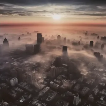 Bustling city at dawn with skyscrapers in fog - Image 2