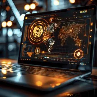 Laptop screen showing artistic depiction of cryptocurrency mining with mathematical graphics and icons. - Image 1