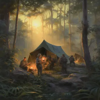 Explorers Setting Up Camp in Jungle at Sunset - Image 1