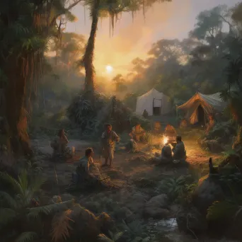 Explorers Setting Up Camp in Jungle at Sunset - Image 2