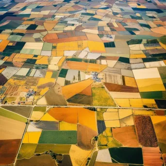 Patchwork fields and rural landscape seen from above in aerial shot - Image 1