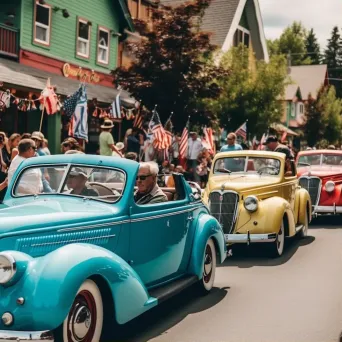 Antique car parade through quaint village with colorful vintage vehicles and retro outfits - Image 1