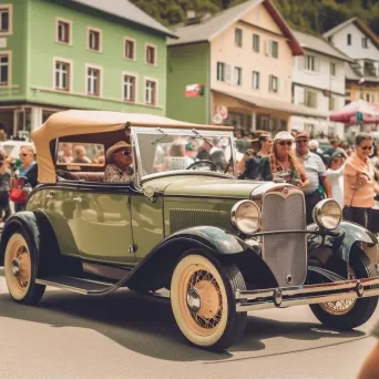 Antique car parade through quaint village with colorful vintage vehicles and retro outfits - Image 2