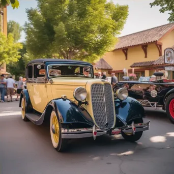 Antique car parade through quaint village with colorful vintage vehicles and retro outfits - Image 4