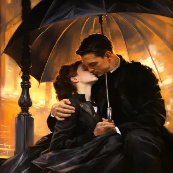 Image of a couple under an umbrella in the rain, portraying intimacy in a city setting - Image 1