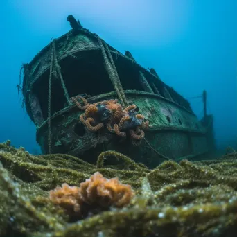 Decaying shipwreck with seaweed and octopus underwater - Image 1