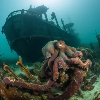 Decaying Shipwreck with Seaweed and Octopus