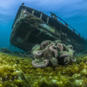 Decaying shipwreck with seaweed and octopus underwater - Image 3