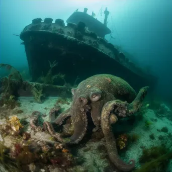 Decaying shipwreck with seaweed and octopus underwater - Image 4