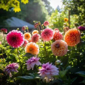 Bright dahlias and zinnias in a sunny garden. - Image 2