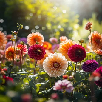 Bright dahlias and zinnias in a sunny garden. - Image 3