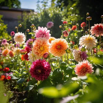 Bright dahlias and zinnias in a sunny garden. - Image 4