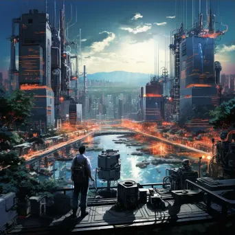 Futuristic city with power outage and engineers fixing giant battery - Image 3