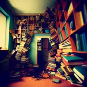 Scattered books compared to neatly arranged bookshelf - Image 1