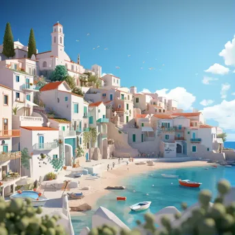 Simplistic low poly artwork of a sun-kissed Mediterranean coastal town - Image 1