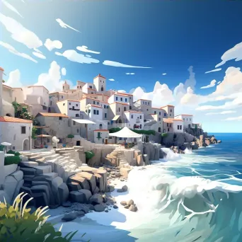 Simplistic low poly artwork of a sun-kissed Mediterranean coastal town - Image 4