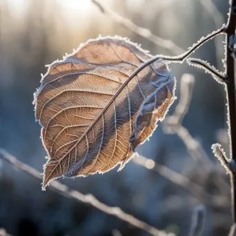 Image of a frost pattern on a leaf highlighted by morning sunlight - Image 2