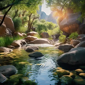 Sunlit natural spring with boulders and lush greenery - Image 1