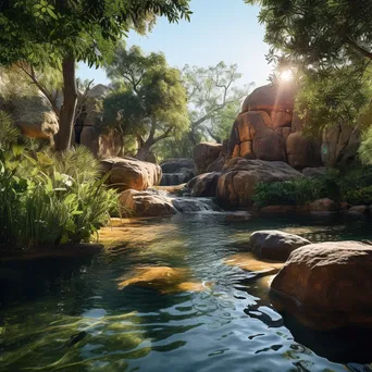 Sunlit natural spring with boulders and lush greenery - Image 3