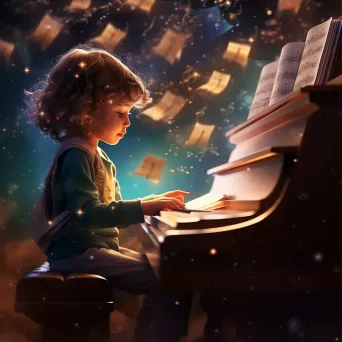 Image of a child playing the piano through a digital app with musical notes - Image 3