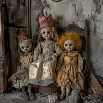 Pastel depiction of petrifying dolls in an abandoned nursery - Image 2