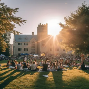 Students lounging and enjoying activities in a sunny campus quad. - Image 1