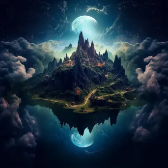 Surreal mountainscape at night with floating islands in the sky - Image 1