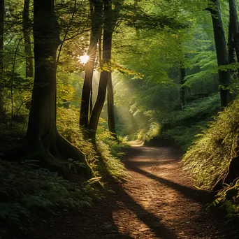 Forest path surrounded by sunlight and green leaves - Image 1