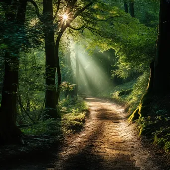 Forest path surrounded by sunlight and green leaves - Image 3