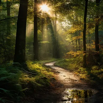 Forest path surrounded by sunlight and green leaves - Image 4