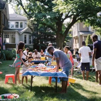 Neighborhood block party with families enjoying outdoor games and BBQ - Image 2