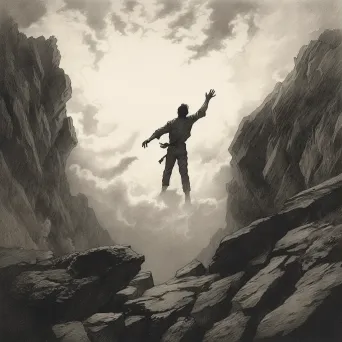 Man standing at the edge of a cliff, arms wide, against a windy sky - Image 3