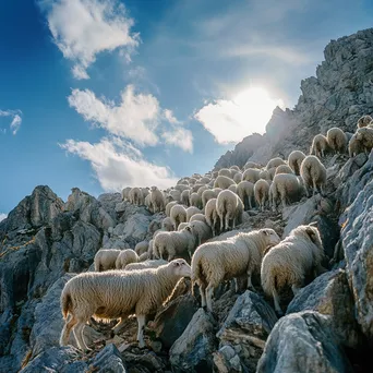 Herding dog guiding sheep on rocky terrain under blue sky - Image 1