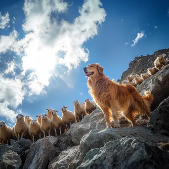 Herding dog guiding sheep on rocky terrain under blue sky - Image 3