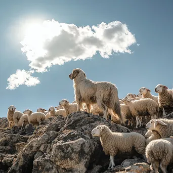 Herding dog guiding sheep on rocky terrain under blue sky - Image 4