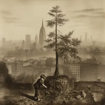 Child planting a tree in an urban park with skyscrapers in the background - Image 1