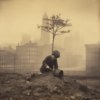 Child planting a tree in an urban park with skyscrapers in the background - Image 2