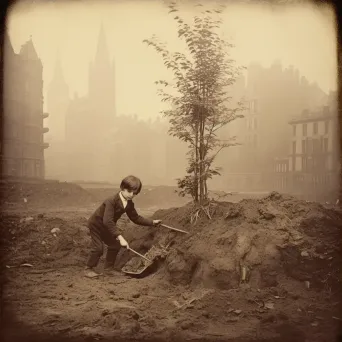 Child planting a tree in an urban park with skyscrapers in the background - Image 3