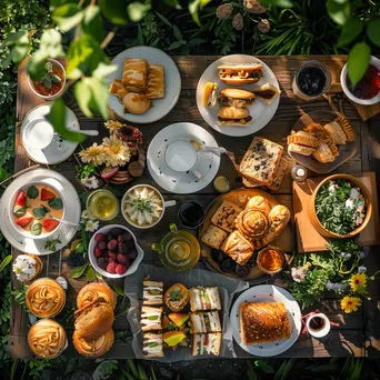 Overhead view of a garden tea party spread with assorted treats. - Image 1